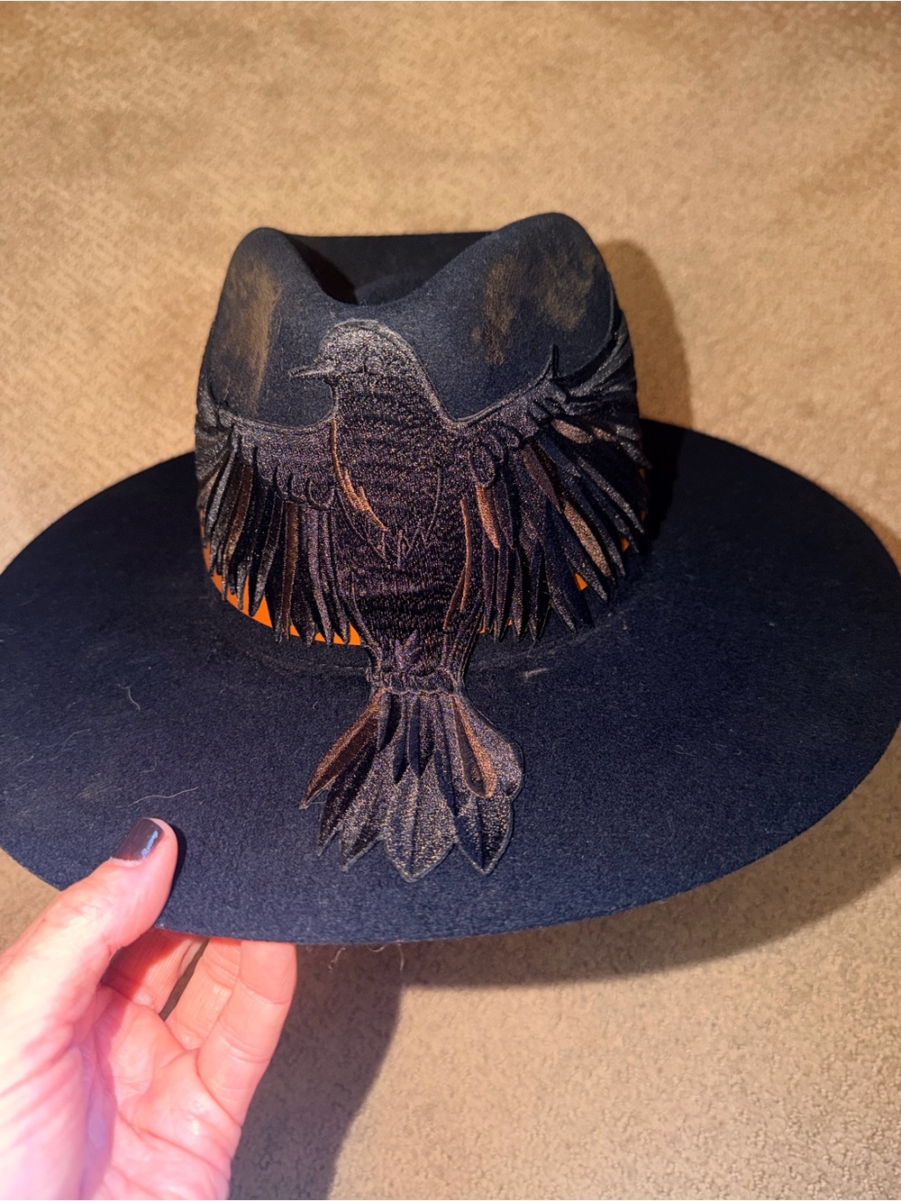 Wyeth Black Wool Custom Made Raven Embroidered Wide-Brim Fedora Hat